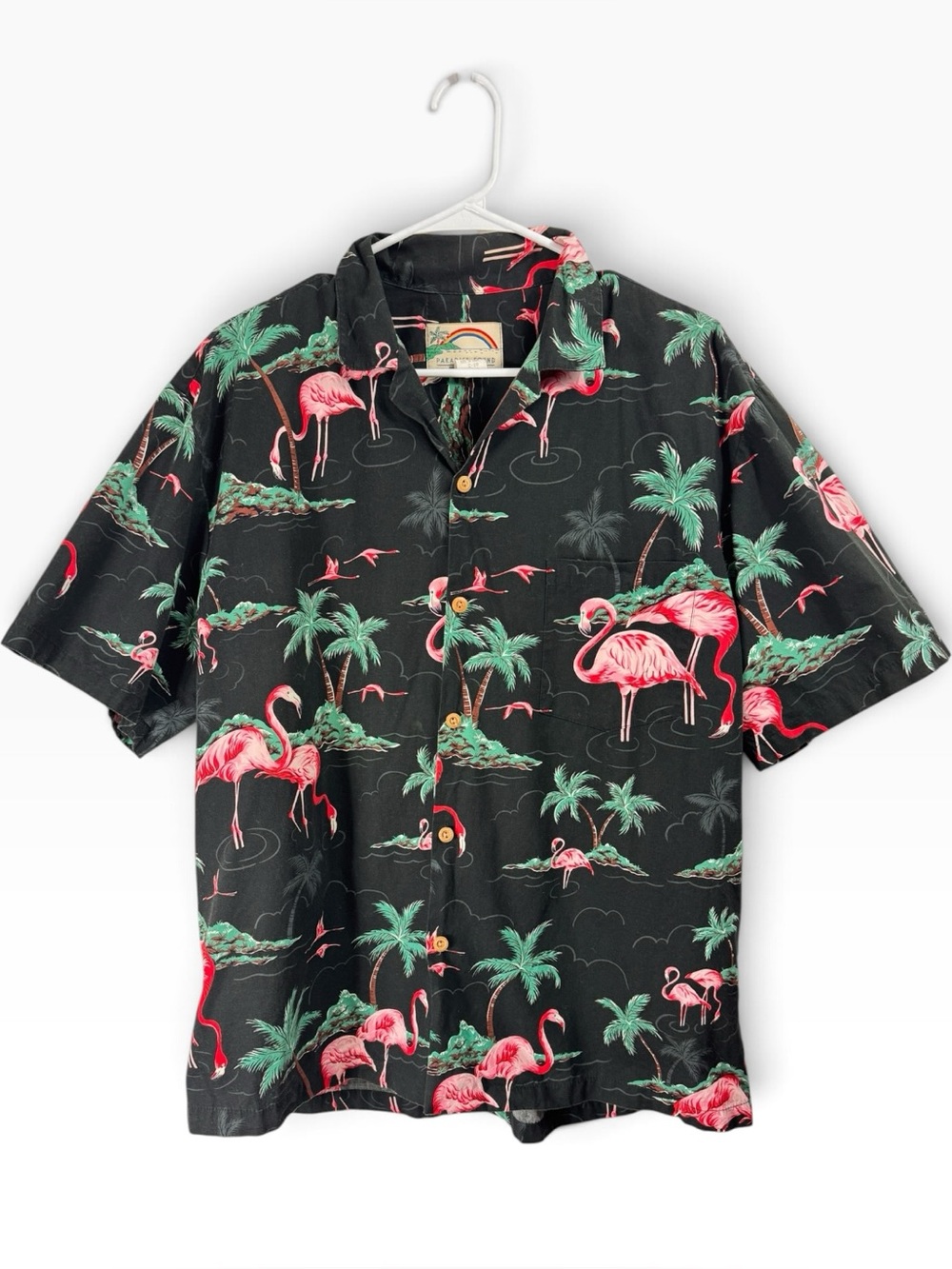 Vintage 90s Paradise Found Aloha Shirt Sz L Hawaii Flamingo Palm Print Tropical